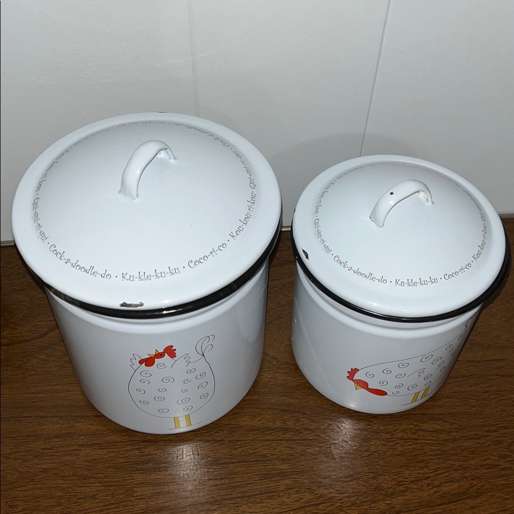White enameled canisters with chicken design - Picture 2 of 8